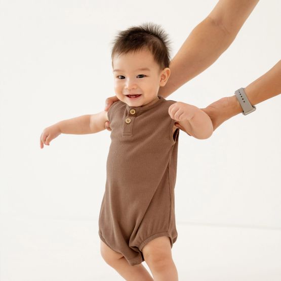 Baby Bubble Romper in Brown Waffle Jersey