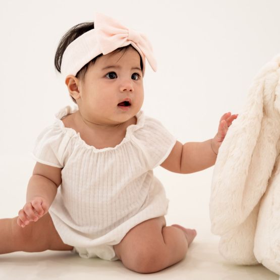 Baby Girl Bubble Romper in White Pointelle Cotton