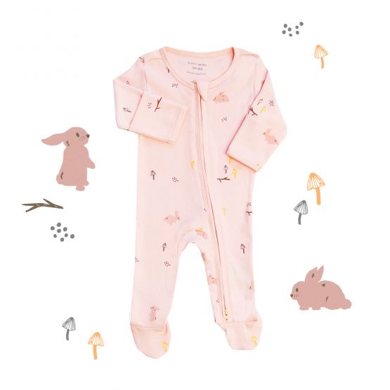 Baby Organic Zip Sleepsuit in Pink Rabbit Print (Personalisable)