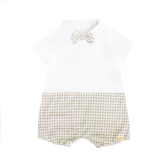 *New* Baby Boy Bow Tie Romper in Beige Gingham (Personalisable)