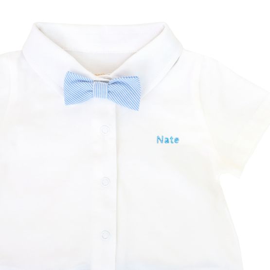 *New* Baby Boy Bow Tie Romper in Blue Stripes (Personalisable)
