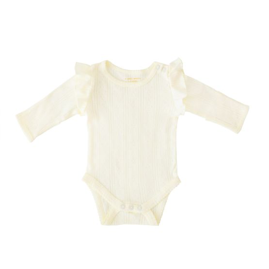 Baby Girl Long Sleeve Ruffle Romper in Cream Pointelle Cotton