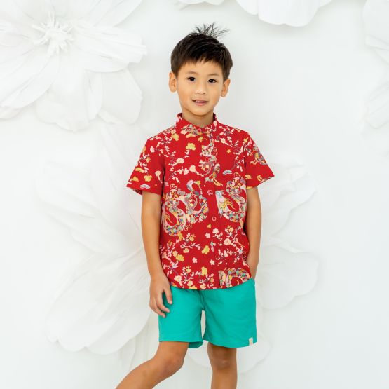 Dragon Series - Boys Shirt in Red Floral Print (Personalisable)