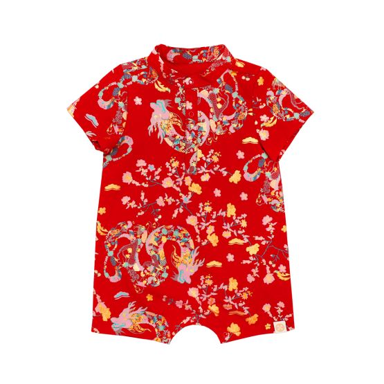 Dragon Series - Baby Boy Shirt Romper in Red Floral Print (Personalisable)