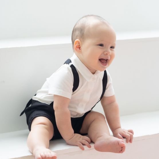 Papa & Mini - Baby Boy Suspender Romper in Black (Personalisable)
