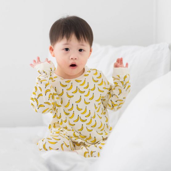 Kids Long Sleeve Organic Pyjamas Set in Banana Print (Personalisable)