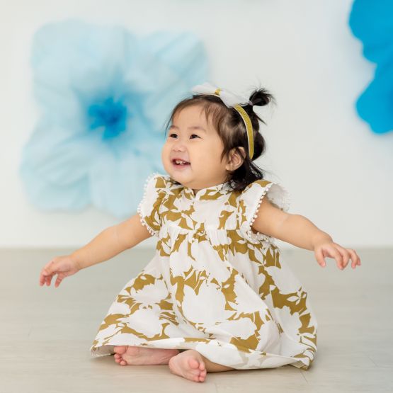 *New* Garden Series - Baby Girl Flutter Dress in Ochre Floral (Personalisable)