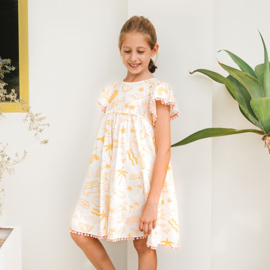 *New* Resort Series - Girls Flutter Sleeves Baby Doll Dress in Island Print