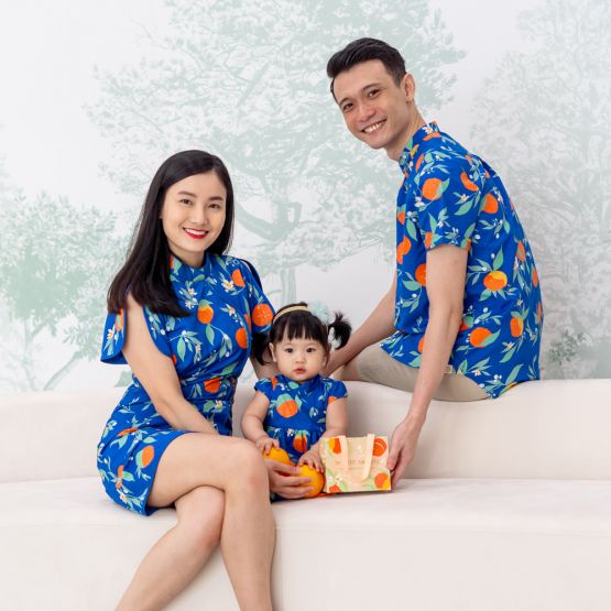 Mandarin Orange Series - Baby Girl Dress in Blue Floral Orange Print