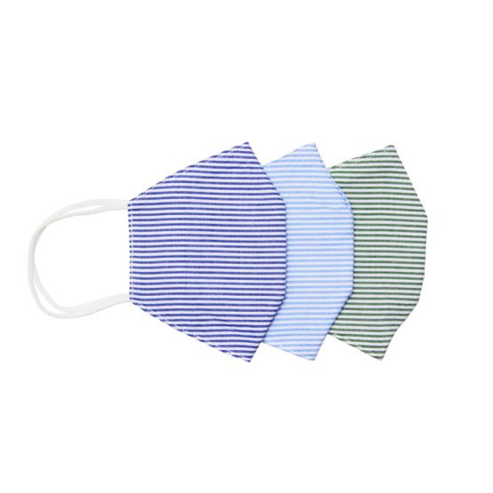 Set Of 3 Reusable Kids & Adult Masks in Green, Navy & Light Blue Stripes (Personalisable)