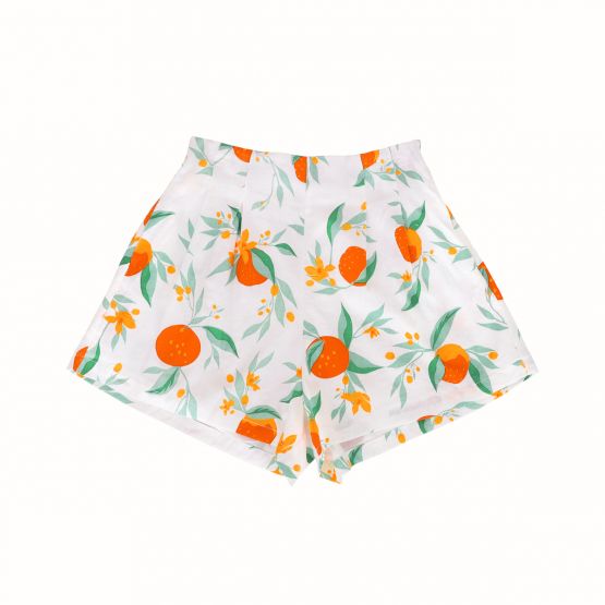 Mandarin Orange Series - Ladies High Waist Shorts in White Floral Orange Print