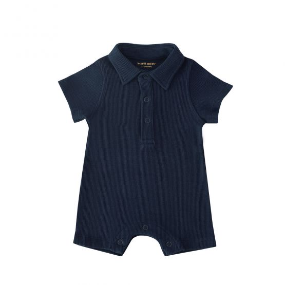 Baby Polo Romper in Navy Waffle Jersey