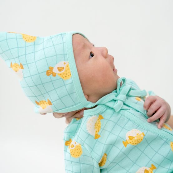 *New* Organic Baby Bonnet Hat in Puffer Fish Print (Personalisable)