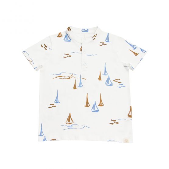Resort Series - Boys White Jersey Shirt in Sail Boat Print 
